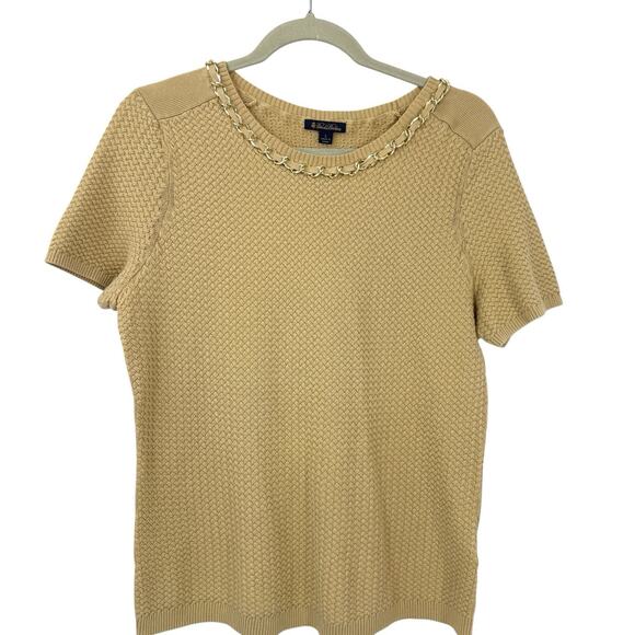 Brooks Brothers Short Sleeve Sweater Women Size Large Beige Knit Chain Trim - Picture 2 of 10